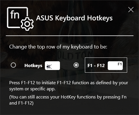 Asus Hotkeys window, containing two radio buttons and help text
