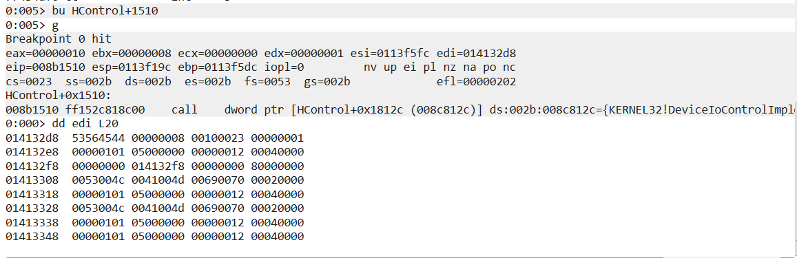 Dump of registers of HControl, right before the driver call