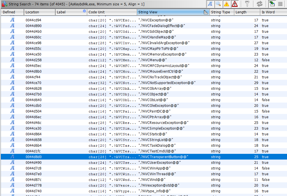Ghidra strings screen showing the C++ RTTI string identifiers.