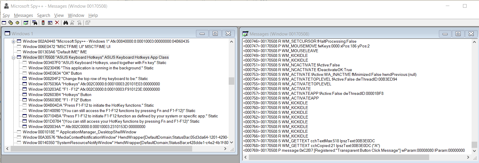 Spy++ tool showing the Asus Hotkey program window hierarchy and the message log